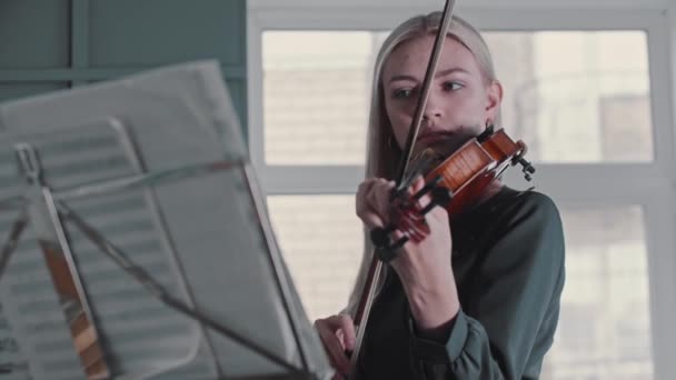 Joven profesora rubia tocando el violín por las notas de la clase — Vídeos de Stock