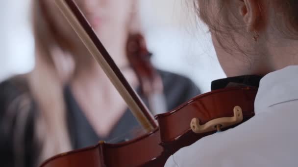 Uma menina aprendendo a tocar violino com sua professora — Vídeo de Stock