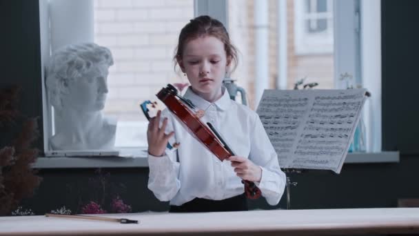 Una niña armando el violín pieza por pieza antes de tocar — Vídeo de stock