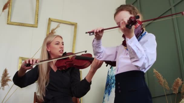 Leçon de violon - une petite fille et son professeur jouant du violon en classe — Video