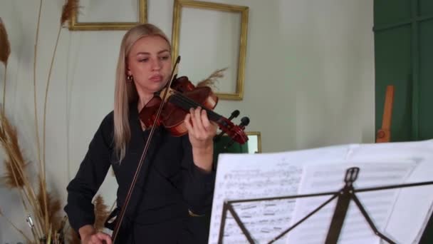 Jovem loira tocando violino por notas — Vídeo de Stock