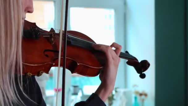 Young blonde woman musician expressively playing violin by notes — Stock Video