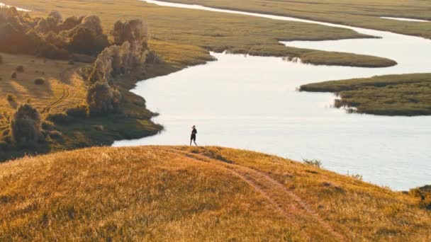 Young woman in black clothes fencing with two swords on the field on early sunset — Stock Video