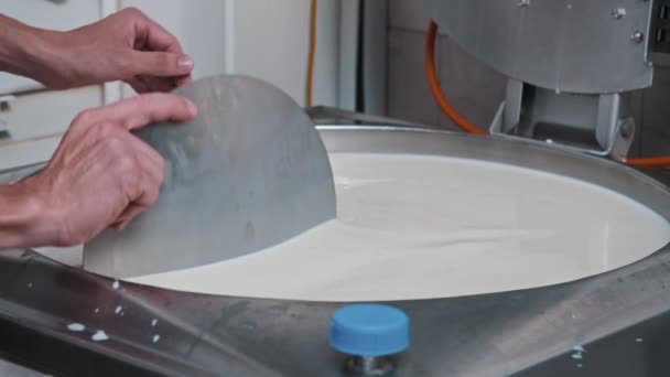 La producción de queso - el trabajador que trabaja con la tina con la base para el queso - la comprobación de la base con la plancha de hierro — Vídeos de Stock