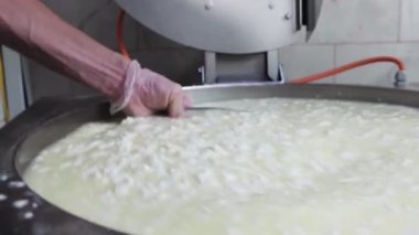Bir işçi fıçıda küçük bir peynir parçasıyla büyük bir demir tabağı karıştırıyor.