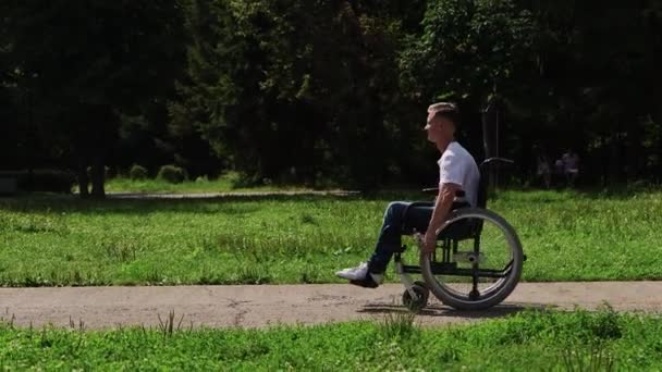 Ein Mann im Rollstuhl fährt im Park - sieht eine Leiter und wird traurig — Stockvideo