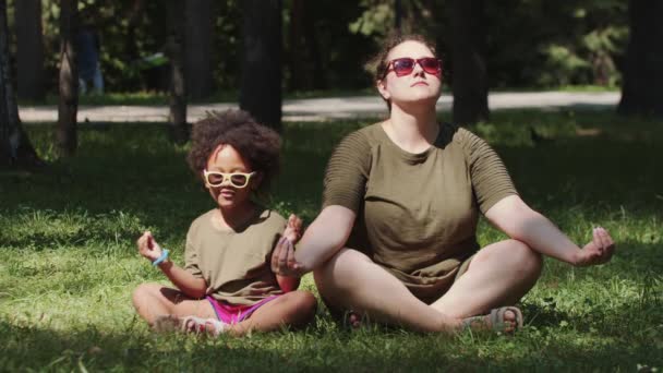 Blanke vrouw en haar zwarte dochter zitten op het gras in het park en mediteren — Stockvideo