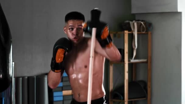 Treinamento de boxe - jovem lutando com uma vara de treinamento em um ginásio — Vídeo de Stock