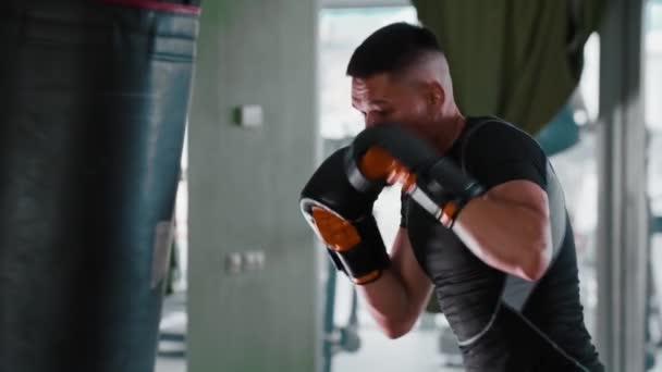 Mladý muž boxer trénink s boxovací pytel — Stock video