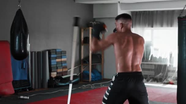 Joven boxeador entrenando para esquivar en el gimnasio — Vídeo de stock