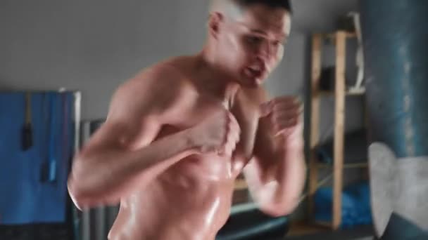 Shirtless svettig man boxare slår boxningssäck — Stockvideo