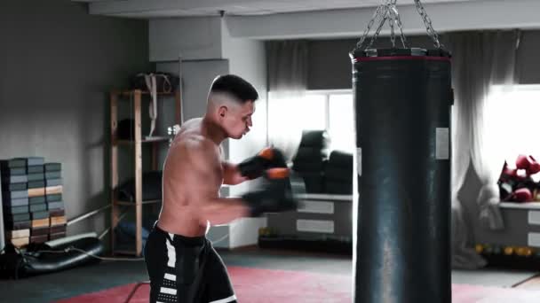 Boxeador joven sin camisa entrenando con un saco de boxeo con una brillante iluminación detrás de él — Vídeos de Stock