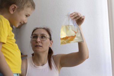 Mother showing curious child a goldfish in a plastic bag
