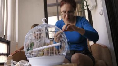 Mother and her son assembling a new cage for their pet parrot at home, focusing on family activities