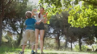 Mutlu anne ve küçük oğlu yeşil bir parkta güneşli bir günde uçan bir oyuncakla oynuyorlar.