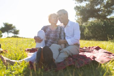 Yaşlı bir çift battaniyeye oturmuş güneşli bir açık hava ortamında sarılıp gülümsüyor.