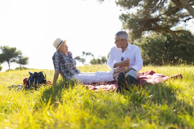Olgun bir adam doğada piknik battaniyesinde dinlenen bir kadına ayak masajı yapıyor.