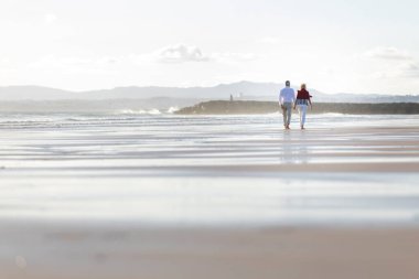 Mutlu, olgun bir çift kumsalda birlikte yürüyor, rahat bir açık hava yaşam tarzının tadını çıkarıyor.
