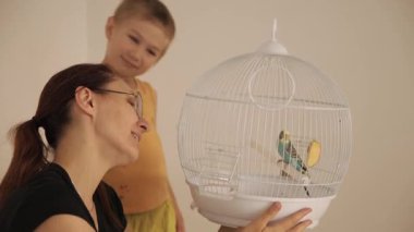 Mutlu bir aile, beyaz bir arka planda kuş kafesinde yeni evcil papağanlarını seyrediyor.