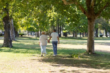 Üst düzey bir çift, güneşli bir parkta el ele, barışçıl bir doğa yürüyüşünün tadını çıkarıyor.