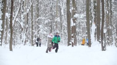 Küçük çocuklar birbirlerinin peşinden koşup kış ormanlarında karla oynuyorlar. Geniş açı