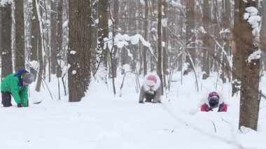 Kış ormanı Parlak elbiseli neşeli çocuklar Noel krakerleri patlatırlar. Orta çekim