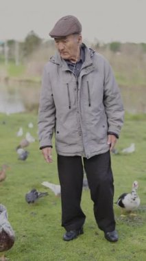 Kıdemli adam parkta kuşları beslerken huzurlu bir anın tadını çıkarıyor.