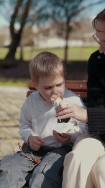 Anne ve oğlu parkta dondurma yiyorlar.