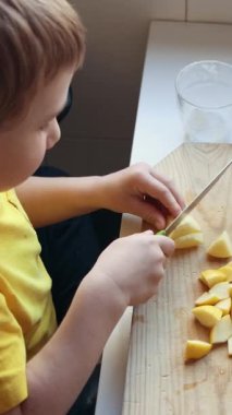 Çocuk dikkatli bir şekilde tahta kesme tahtasıyla elmaları küçük parçalara ayırarak sağlıklı bir aperatif ya da yemek hazırlıyor.