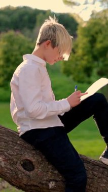 Parktaki büyük bir ağaç dalına notlar yazan konsantre öğrenci.