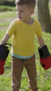 Kırmızı boks eldivenli çocuk boksörü eğitimi, parkta ağaca çarpmak.