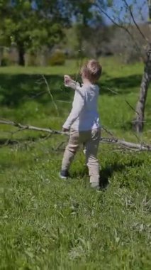 Neşeli çocuk, güneşli bir günde ebeveynleri onu izlerken yeşil bir parktaki büyük bir dalla etkileşime girer.