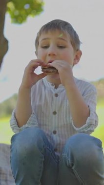 Genç çocuk güneşli bir pikniğin tadını çıkarıyor, ağaçların gölgesinde, huzurlu bir park ortamında sandviçin tadını çıkarıyor.
