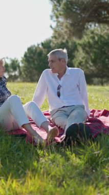 Emekli çift parkta piknik battaniyesinde eğleniyor.