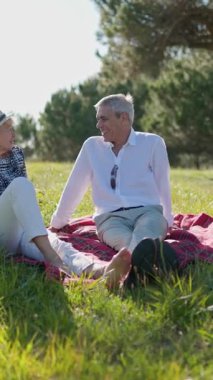 Mutlu emekli çift güneşli bir parkta piknik battaniyesinde birlikte vakit geçiriyorlar.