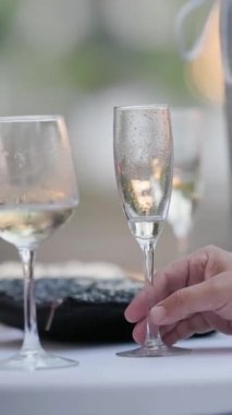 Misafirler soğuk beyaz şarap bardakları tutuyor ve zarif bir açık hava resepsiyonunda taze istiridye yiyorlar.