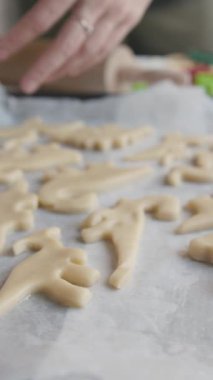 Kurabiye pişirmek. Kadın, dinozor şeklinde çiğ hamuru pişirme kağıdının üzerine serer. Orta çekim