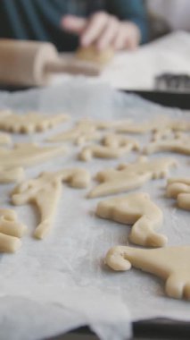 Fırın kağıdında dinozor şeklinde çiğ hamur ve arka planda hamuru yuvarlayan bir kadın. Orta çekim