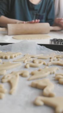 Kurabiye pişirme - bir kadın kalıpların yardımıyla dinazor şeklinde kurabiye hamuru keser. Orta çekim