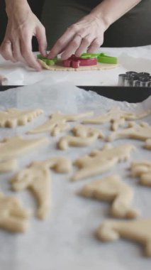 Kurabiye pişirme - bir kadın kurabiye hamurunu yemek kesiciyle dinozor şeklinde keser. Orta çekim
