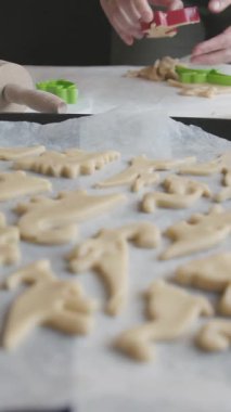 Kurabiye pişirmek - dişi eller hamuru pişirme tepsisi üzerinde dinozor şeklinde serer. Orta çekim