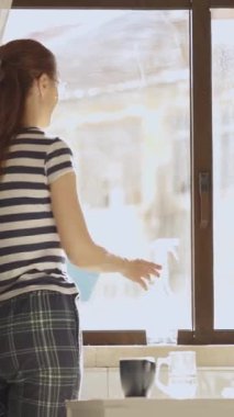 Genç bir kadın mutfaktaki bir pencereye cam sileceği püskürtüyor. Orta çekim