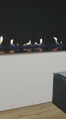 Modern iç mekan. Oturma odasındaki tesisat yarışlarında kullanılan elektrikli şömine. Orta çekim