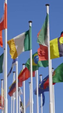 Mavi açık gökyüzünün arka planında bayrak direğinde farklı ülkelerin bayrakları. Orta çekim