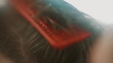 Profesyonel kuaför, müşterilerin saçlarını makas ve yakın plan bir tarakla buduyor.