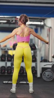 Sırt ve omuzlarını spor salonunda kablo makinesiyle çalıştıran taytlı güçlü bir kadın.