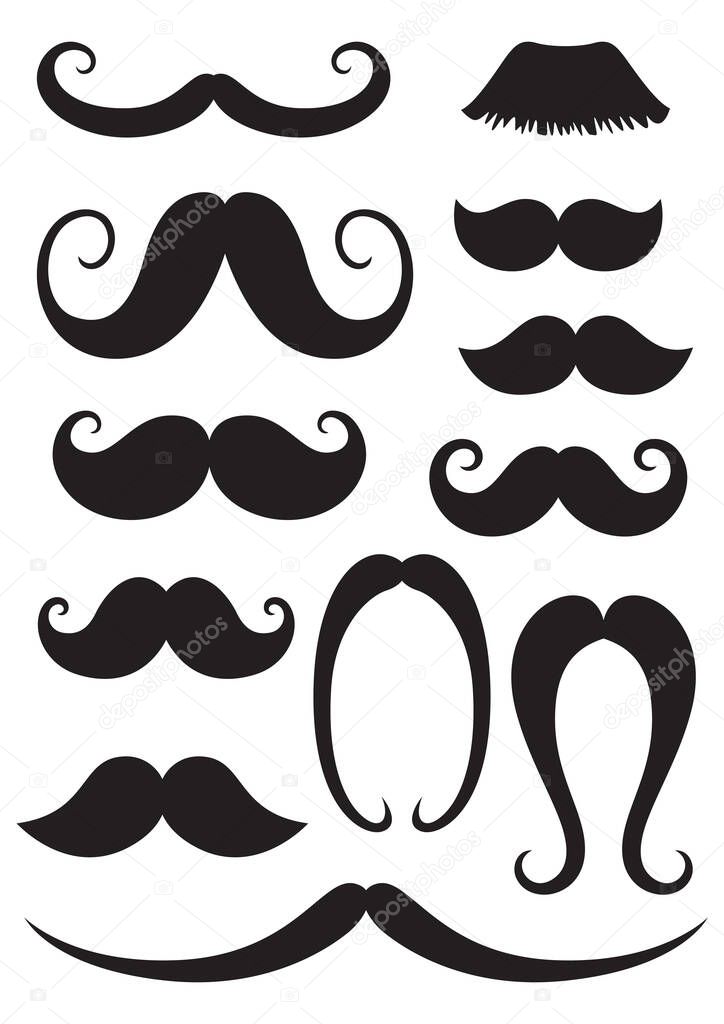 Black mustache silhouettes set isolated on white background. For movember design and masquerade patches for face