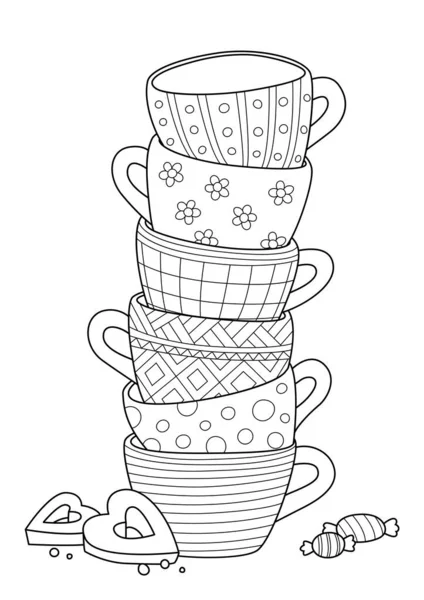 Doodle página do livro de colorir para adultos. Copos e biscoitos. ilustração delineada em preto e branco. — Vetor de Stock