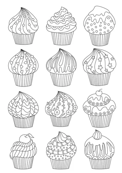 Cup cake set, decorated cupcakes with hearts stars and birthday candle, page for adult colouring book — Stock Vector