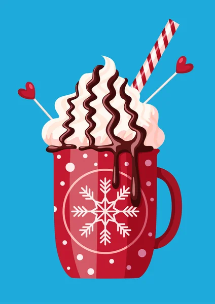Taza de Navidad con chocolate caliente y crema batida sobre fondo azul — Archivo Imágenes Vectoriales